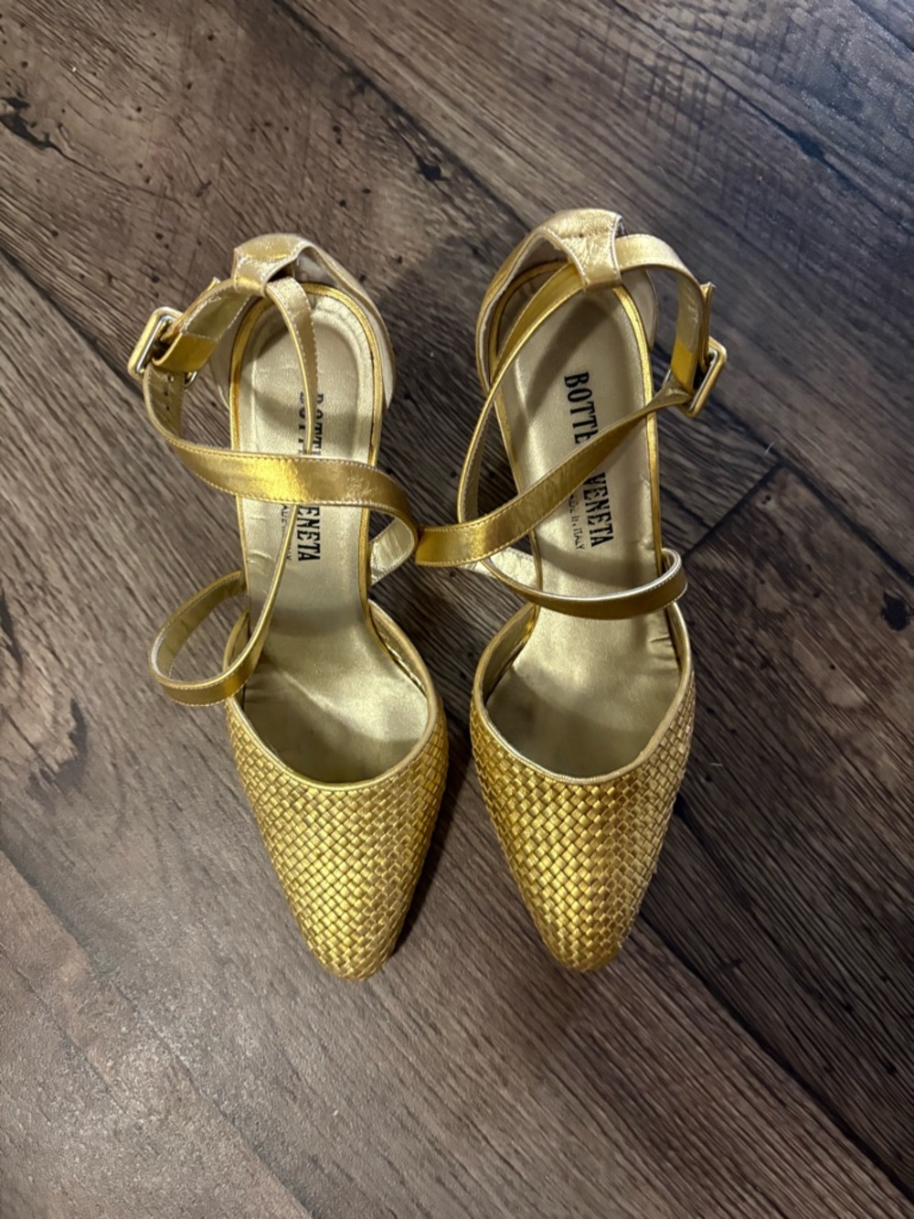 Bottega Veneta Metallic Gold Woven Pointed-Toe Ankle-Strap Heels